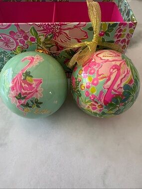Lilly Pulitzer Mint Pink Flamingo and Floral Holiday ornaments